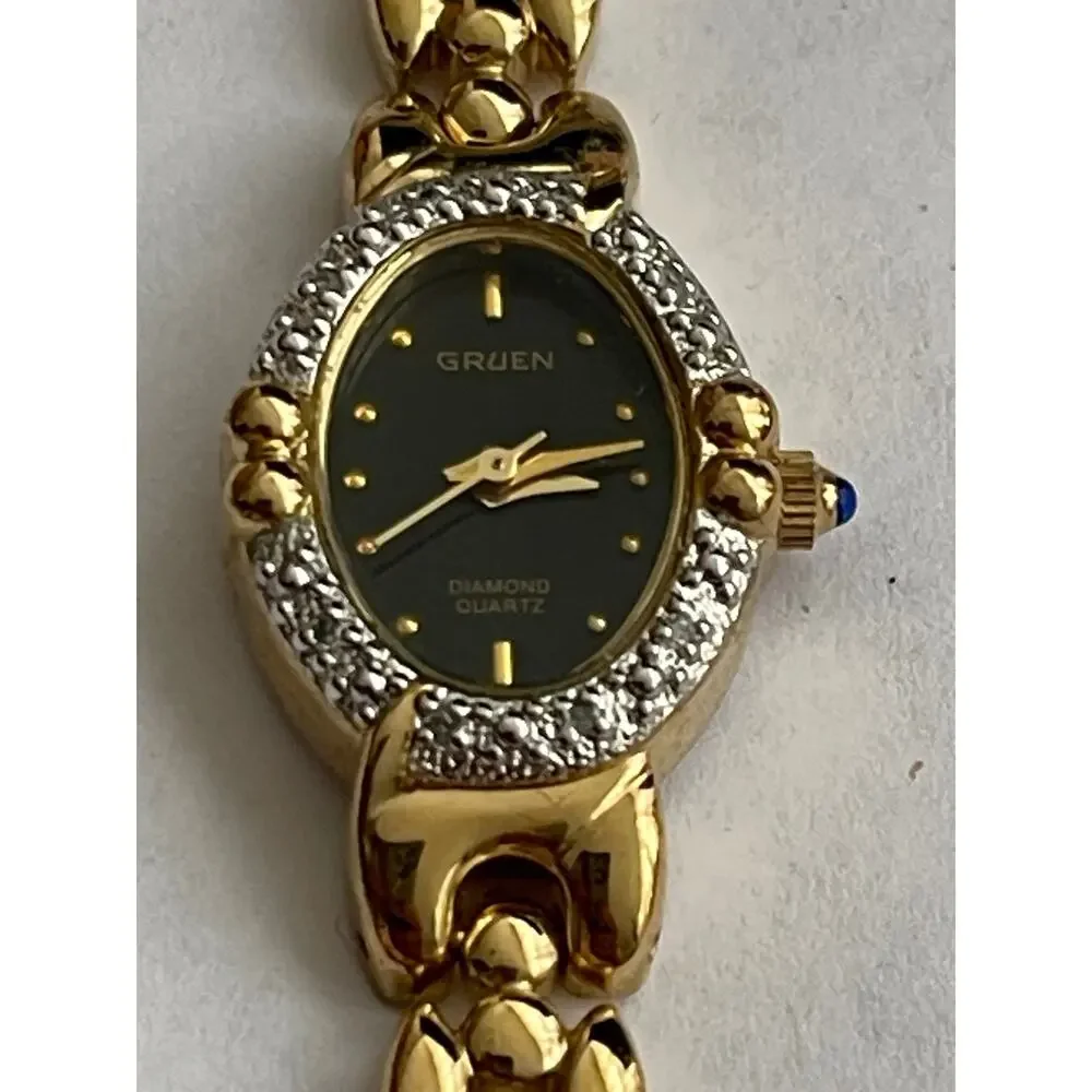 Gruen Diamond Quartz Women’s Gold Tone Black Dial Bracelet Watch Japan